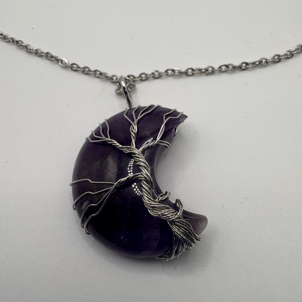 Amethyst Crescent Moon Necklace – Tree of Life Wire Wrap Pendant - Picture 2 of 7